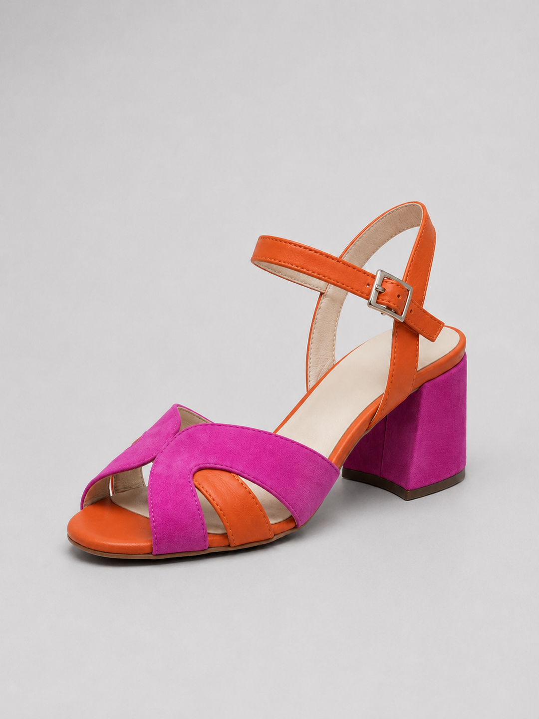 Color-Block Faux Suede Sandals for Women – Block Heel, Crossover Straps in Pink