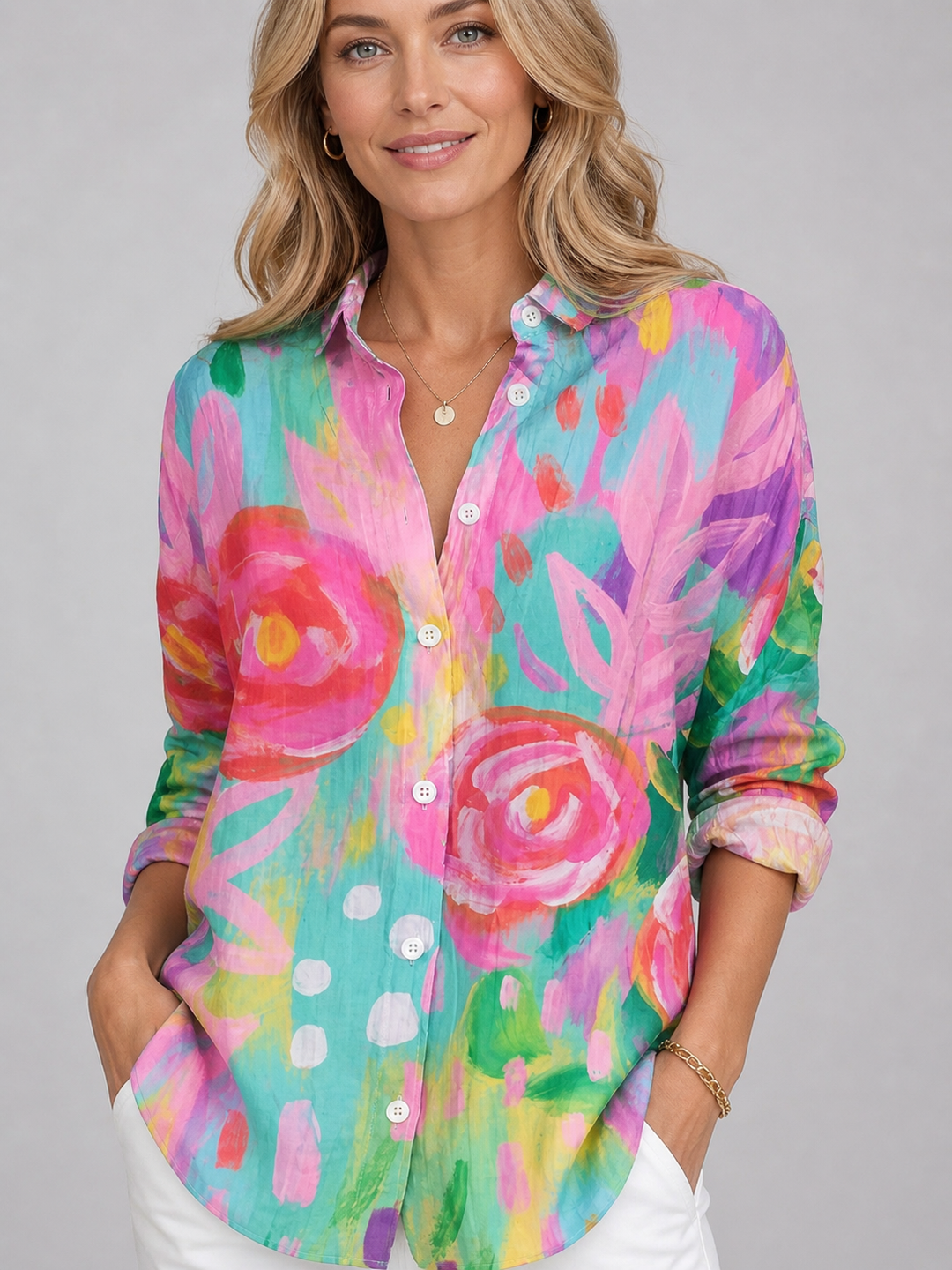 Button-Up Print Blouse for Women – Vibrant All-Over Print, Relaxed Fit, Breathable Fabric