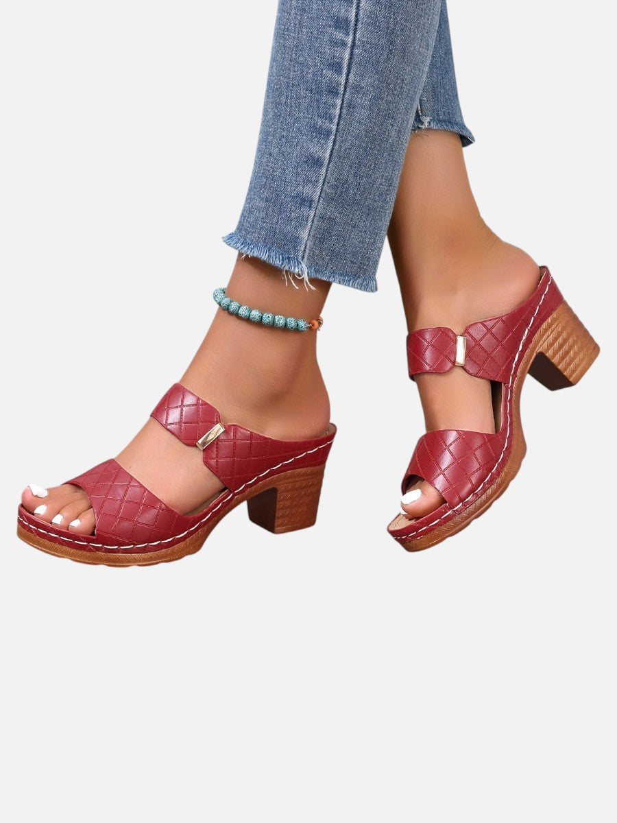 Quilted Faux Leather Block Heel Sandals for Women – Cushioned Insole, Durable Sole