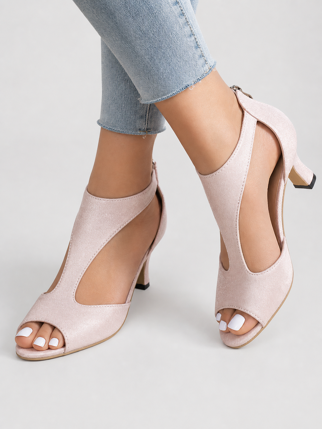 Faux Suede Open-Toe Heels for Women – Stable Mid Heel, Soft Inner Cushioning