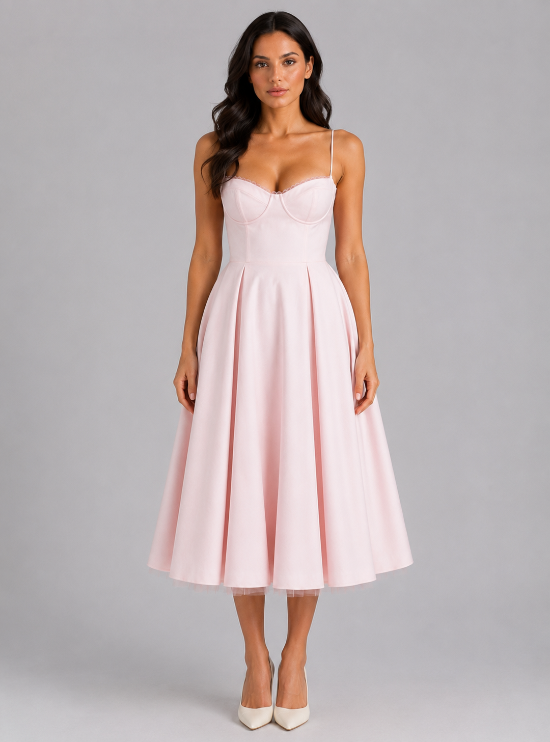 Corset-Style Midi Dress for Women – Sweetheart Neckline, Adjustable Straps, Full Skirt