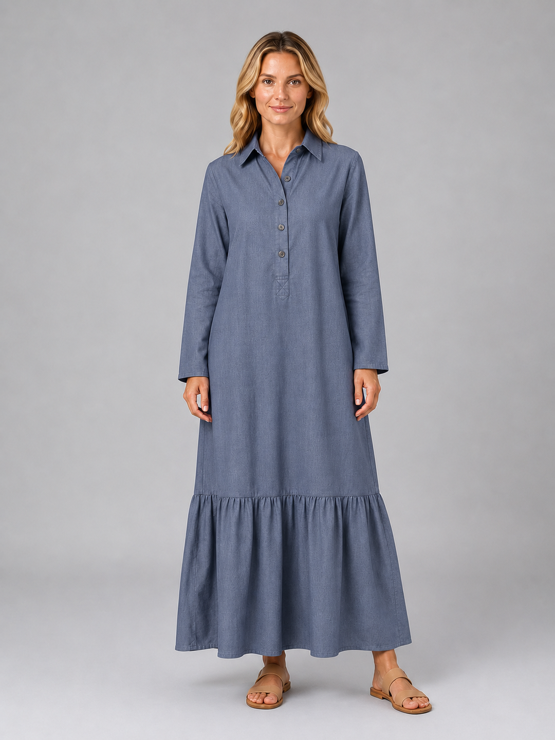 Cotton Blend Tiered Maxi Shirt Dress for Women – Long Sleeves, Relaxed Fit, Flowing Silhouette