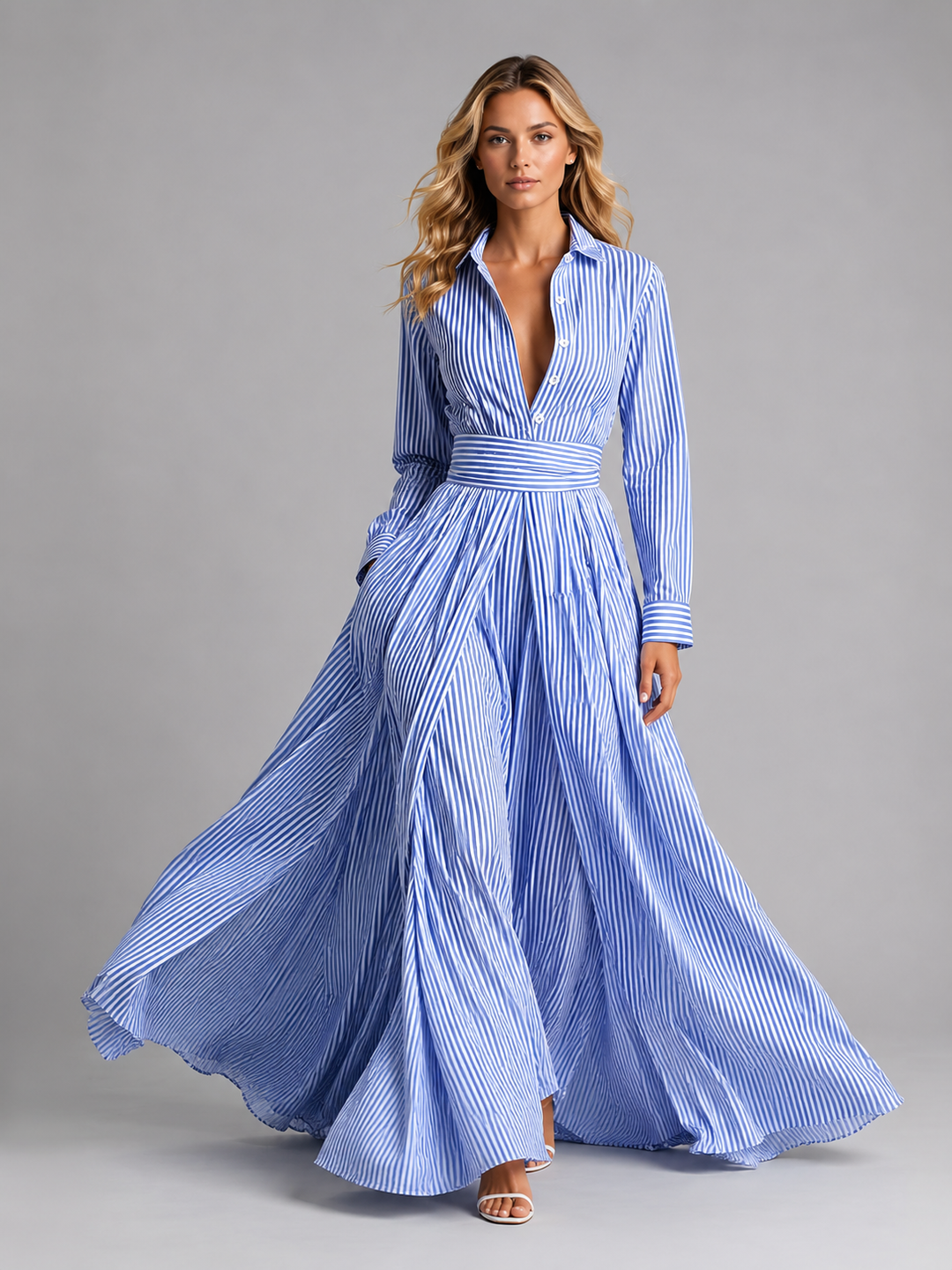 Striped Cotton Shirt Maxi Dress for Women – Button Front, Cinched Waist in Blue