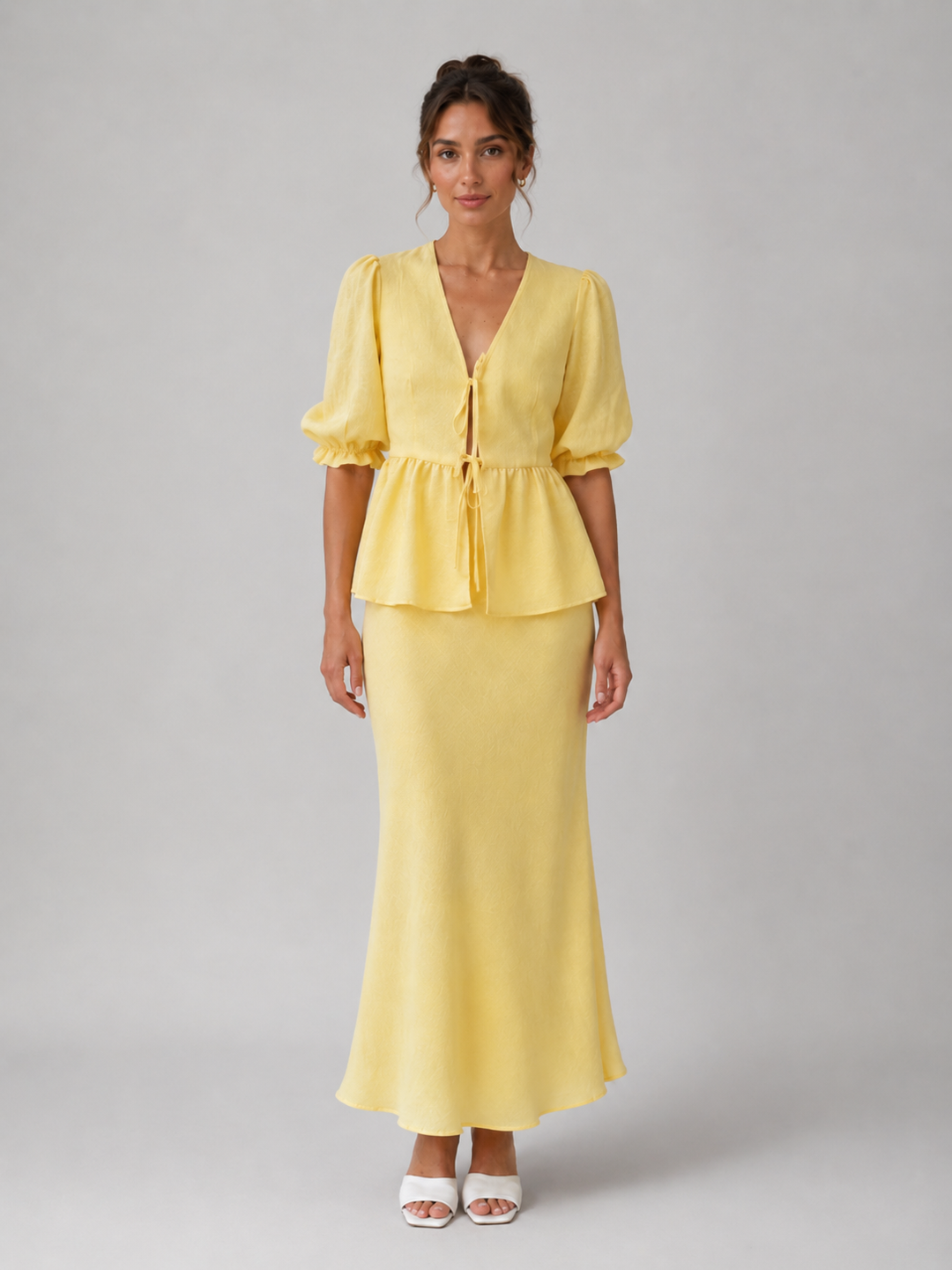 Two-Piece Maxi Skirt Set for Women – Lace-Up V-Neck Blouse, Puff Sleeves, Cotton-Feel Fabric