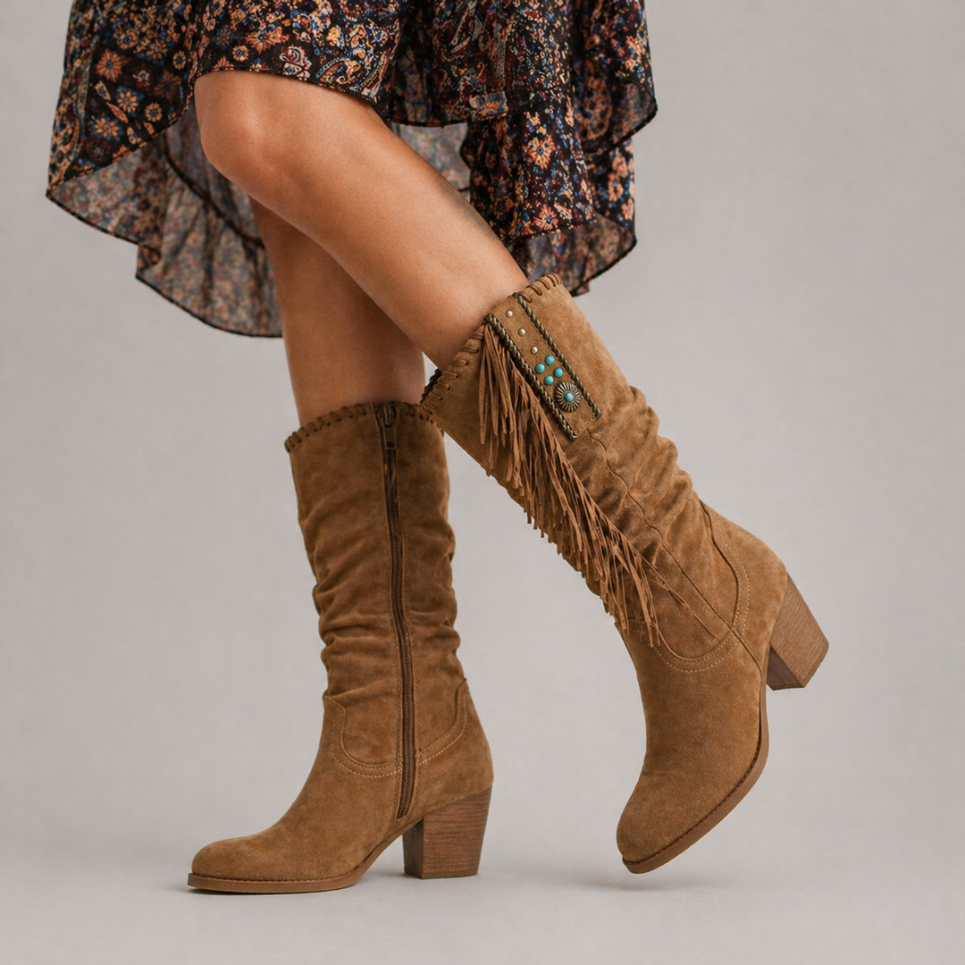 Mid-Calf Western Boots for Women – Fringe and Stud Detail, Block Heel, Side Zip
