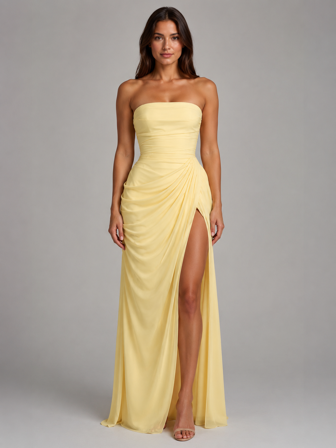 Strapless Draped Corset-Style Maxi Dress for Women – Thigh-High Split in Yellow