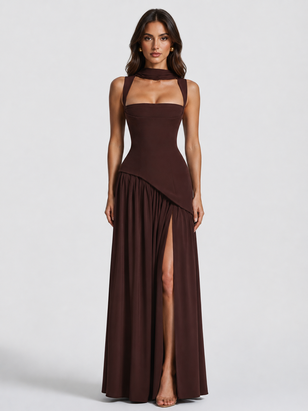 Asymmetric Satin-Feel Maxi Dress for Women – Sculpted Bodice, Side Slit