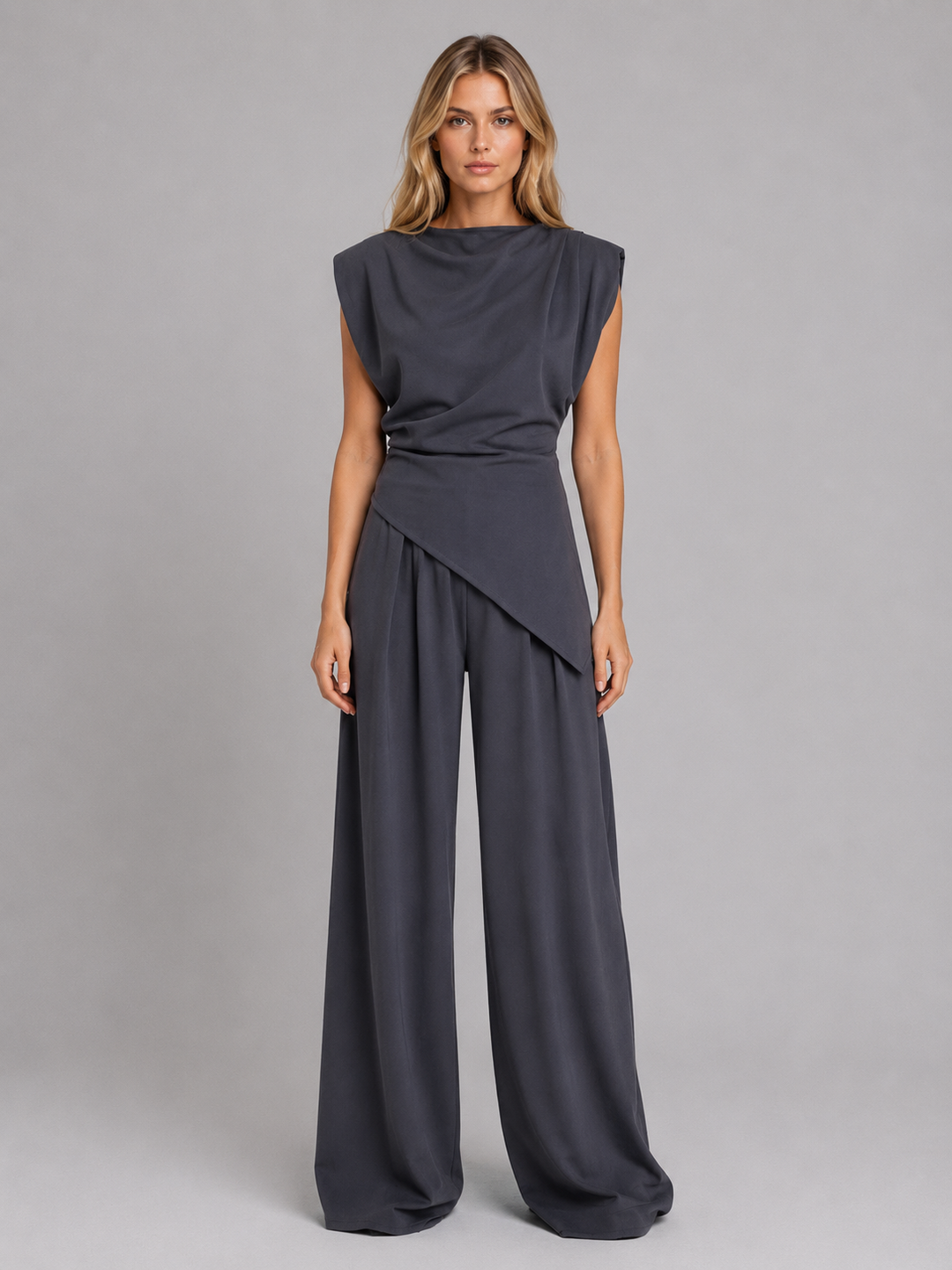 Draped Sleeveless Top and Wide-Leg Pants Set for Women – Two-Piece, Relaxed Fit