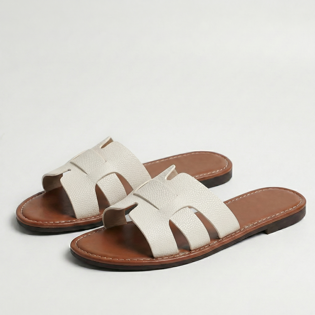 Faux Leather Flat Slide Sandals for Women – Leather-Look Finish, Comfortable Flat Design