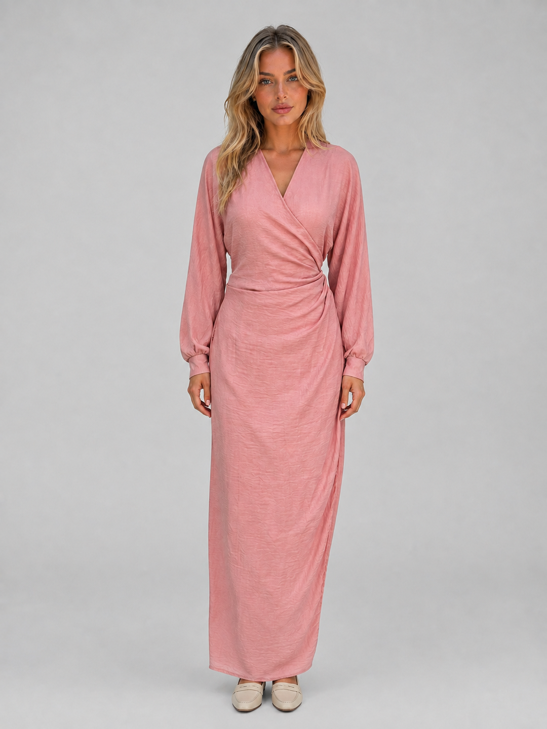 Wrap-Style Maxi Dress for Women – V-Neck, Ruched Waist, Cuffed Sleeves, Side Slit