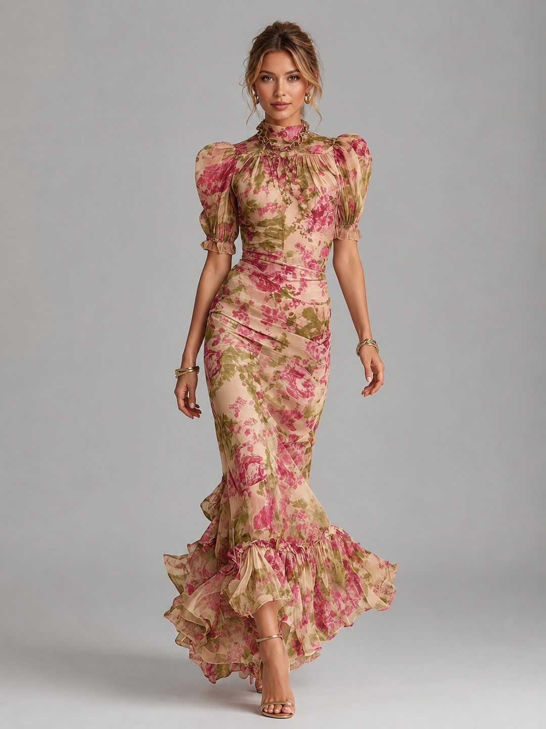 Floral Chiffon Maxi Dress for Women – Puff Sleeves, Tulle Overlay, Fishtail Skirt in Pink