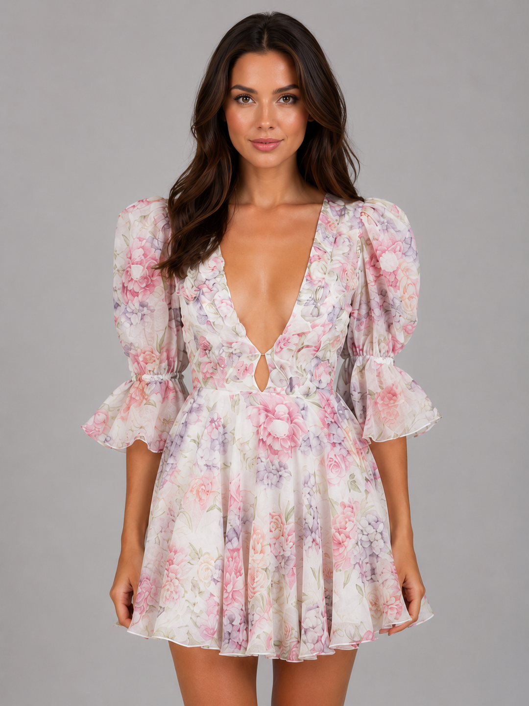 Floral Chiffon-Feel Mini Dress for Women – Plunging V-Neck, Puff Sleeves, Flared Skirt