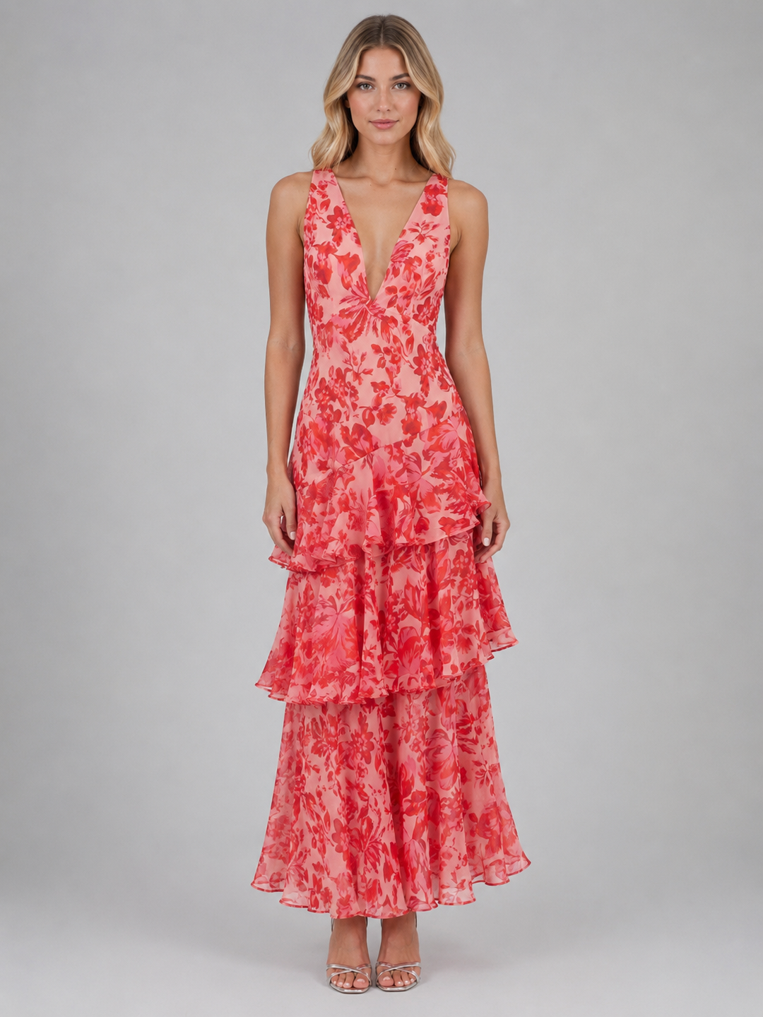 Floral Chiffon-Feel Maxi Dress for Women – Deep V-Neck, Tiered Ruffle Skirt