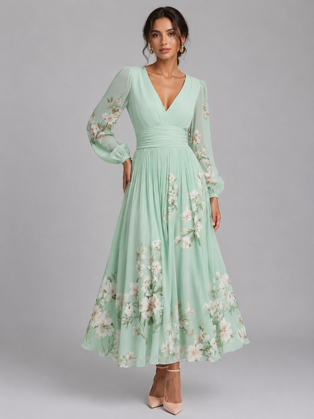 Long Sleeve Floral Midi Dress for Women – V-Neck, A-Line Skirt, Gathered Cuffs in Green