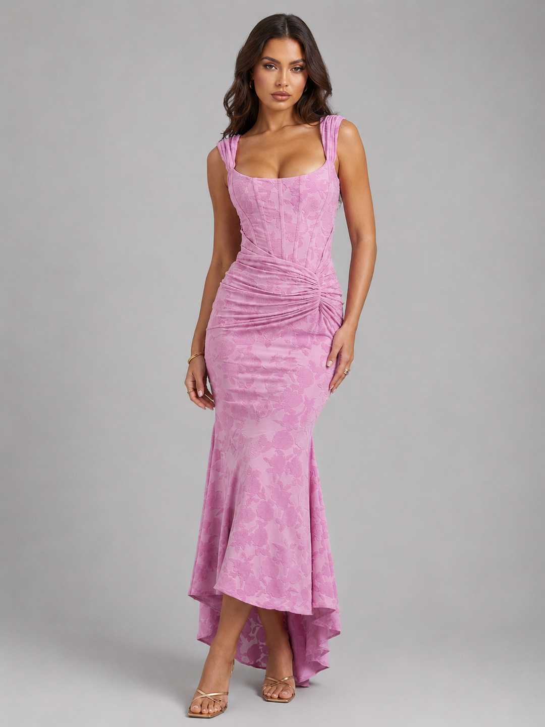 Floral Corset-Style Maxi Dress for Women – Ruched Waist, High-Low Fishtail Hem