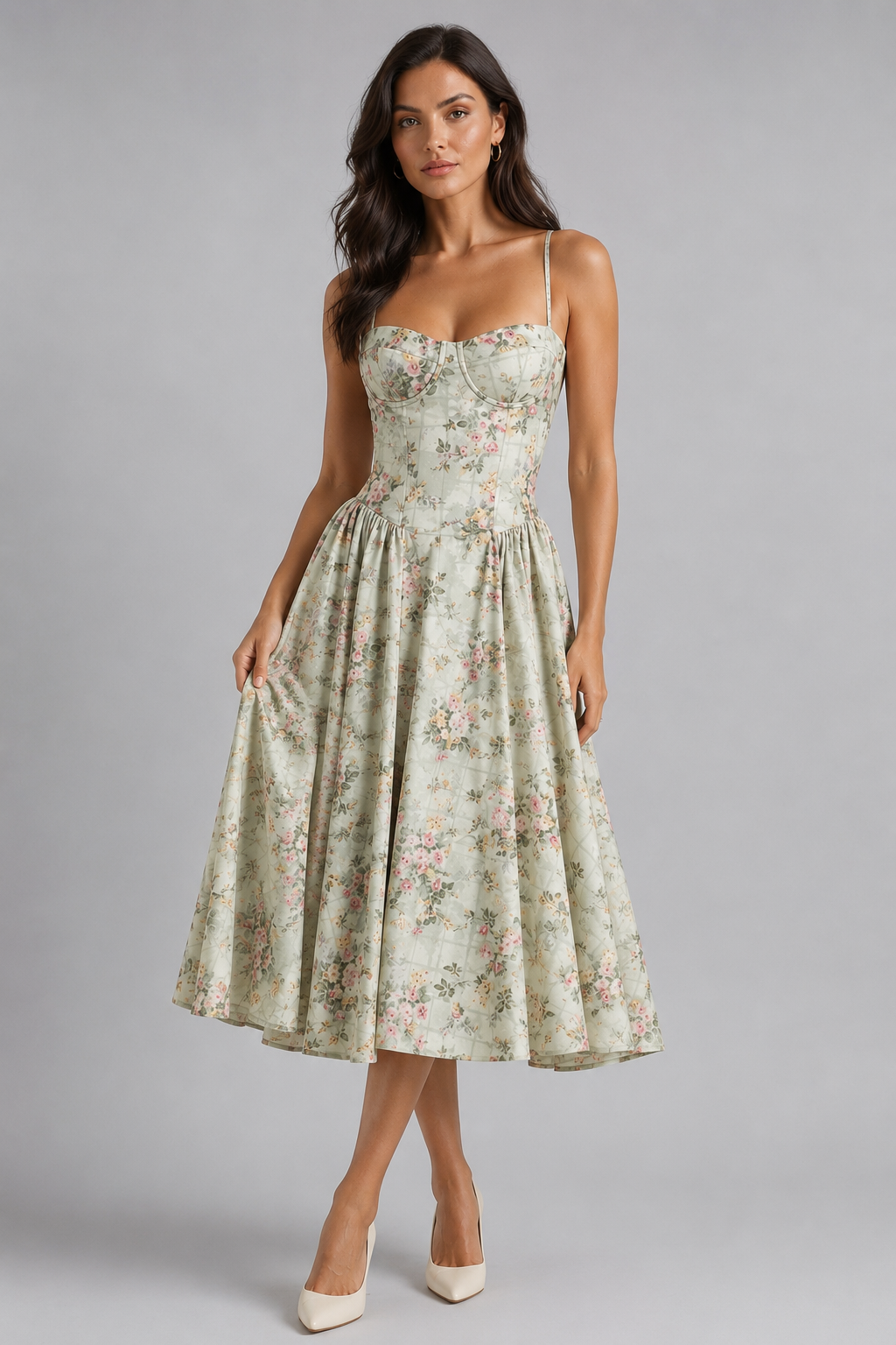 Floral Corset-Style Midi Dress for Women – Sweetheart Neckline, Tie Front, Built-In Cups