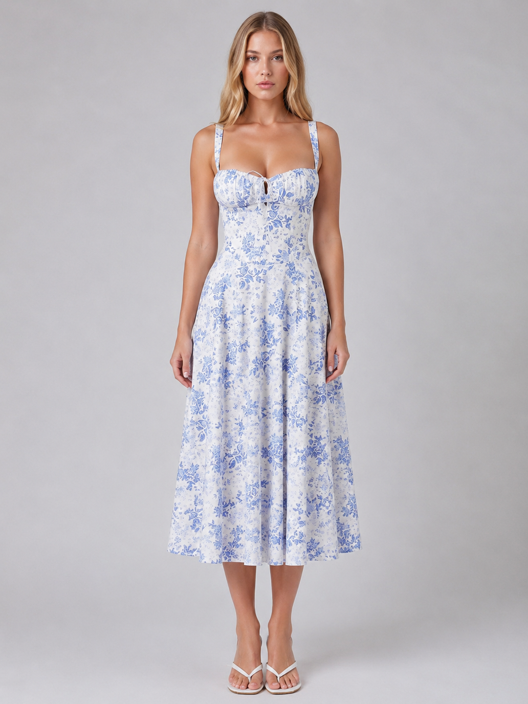 Floral Corset-Style Sweetheart Midi Dress for Women – Adjustable Straps, Side Zip