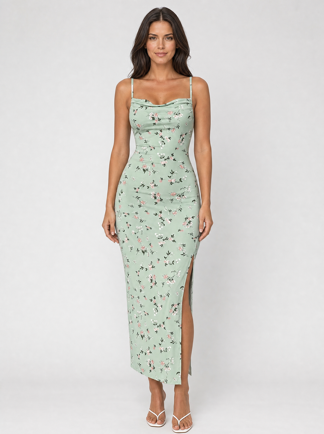 Floral Cowl Neck Midi Dress for Women – Side Split, Adjustable Straps in Green