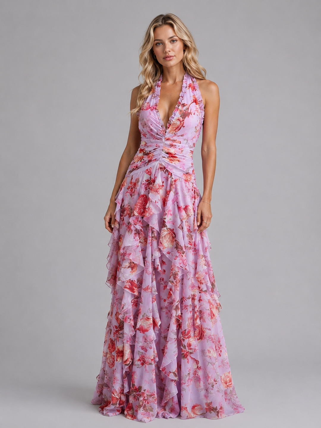 Floral Halter Maxi Dress for Women – Tiered Skirt, Ruched Waist, Gathered Neckline