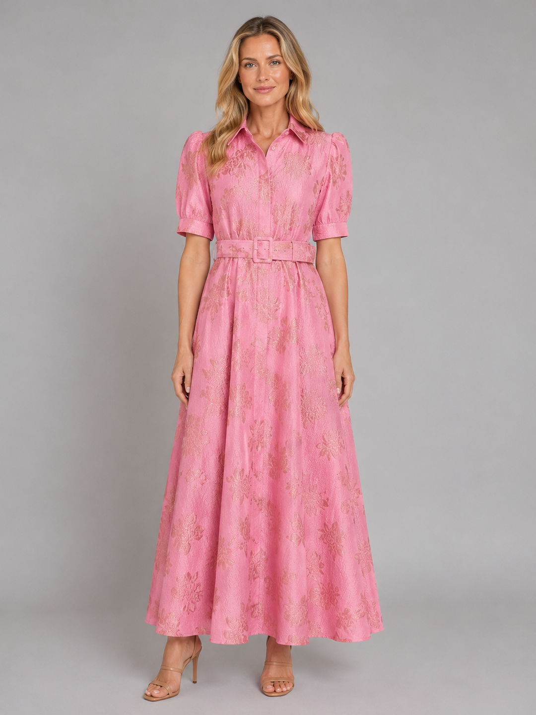 Floral Jacquard Maxi Dress for Women – Belted Waist, Puff Sleeves, Button Front in Pink