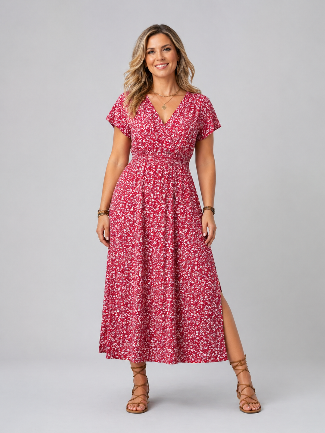 Floral Maxi Dress for Women – Butterfly Sleeves, Thigh-High Slit, Lightweight Fabric