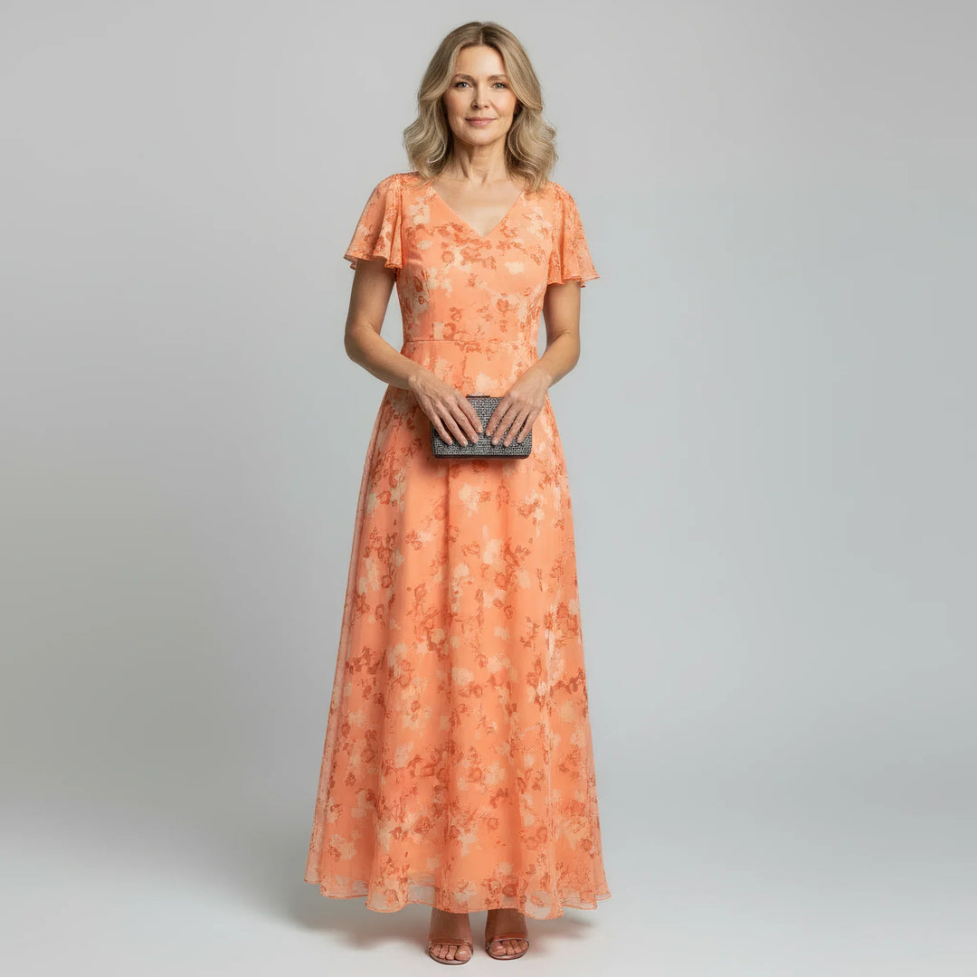 Floral V-Neck Chiffon-Feel Maxi Dress for Women – Lightweight, Flowing Length