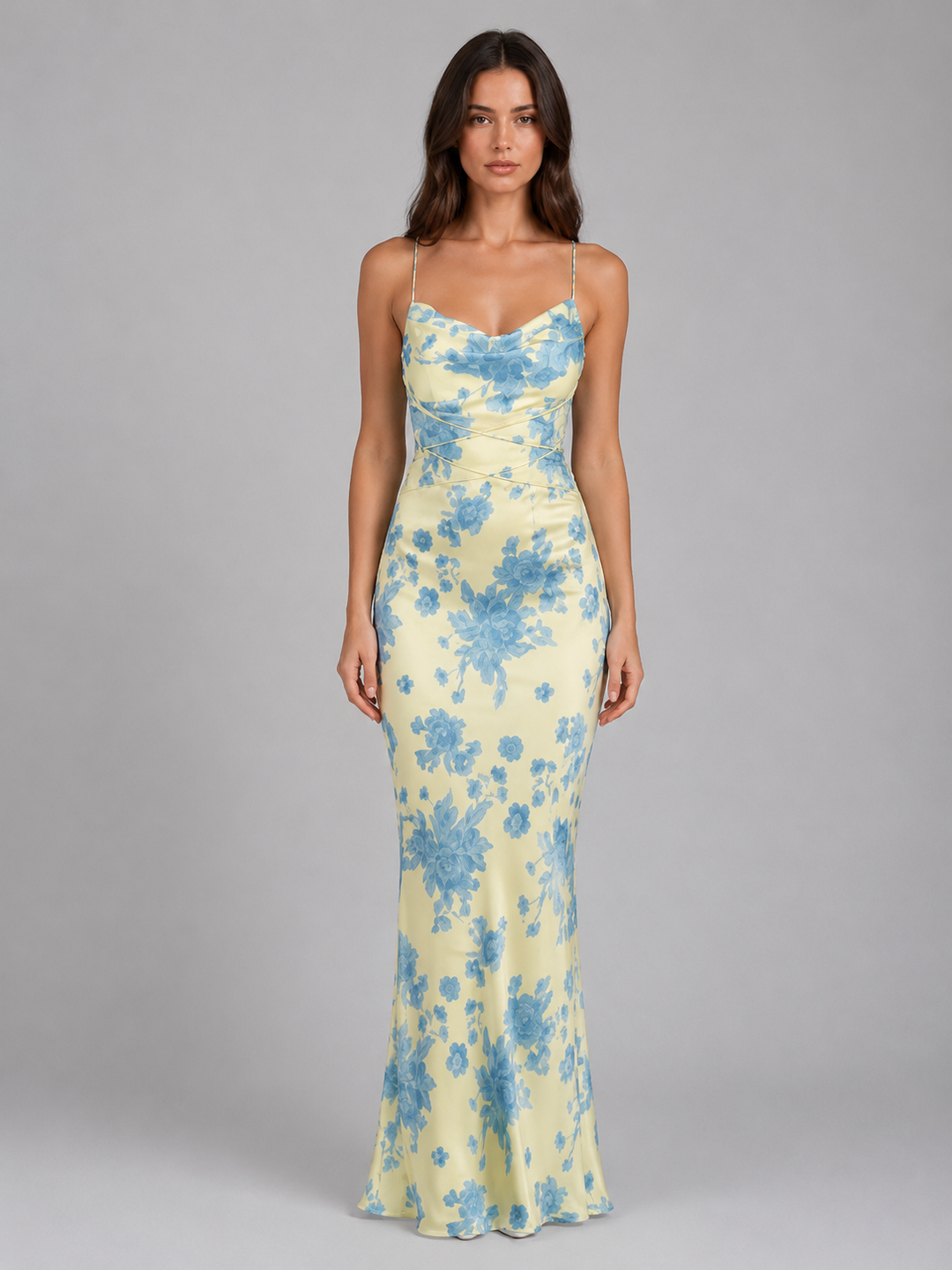Floral Maxi Dress for Women – Waist Detailing, Adjustable Straps, Yellow and Blue Print