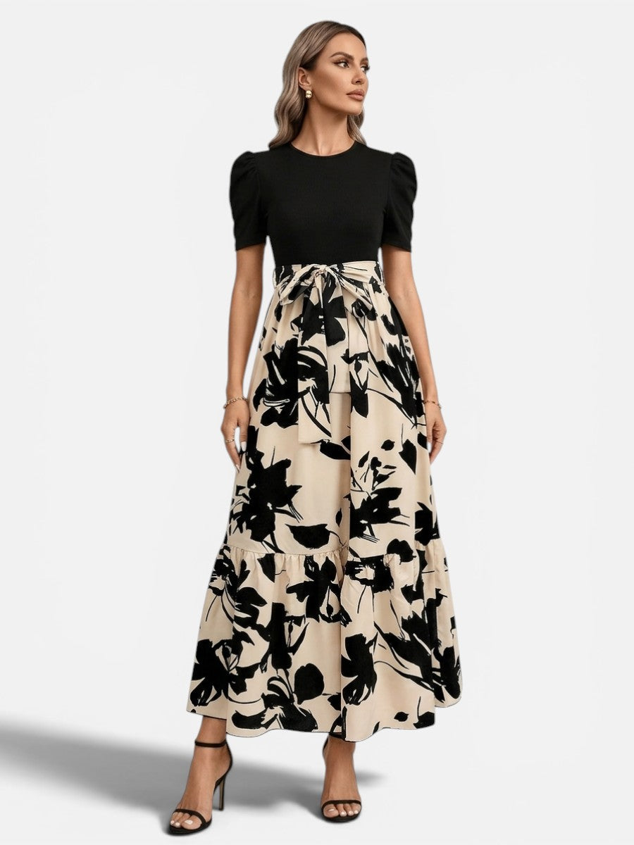 Belted Floral Midi Dress for Women – Puff Sleeves, Soft Inner Lining in Beige