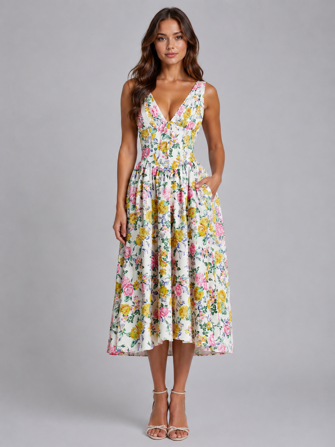 Floral Sleeveless Midi Sundress for Women – Defined Waist, Flowing Skirt