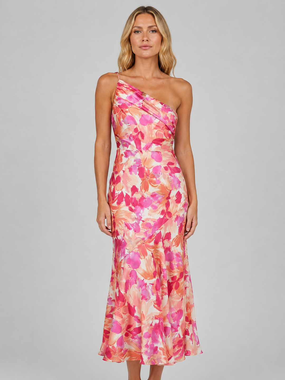 Floral One-Shoulder Midi Dress for Women – Satin-Feel Finish, Flared Hem in Pink