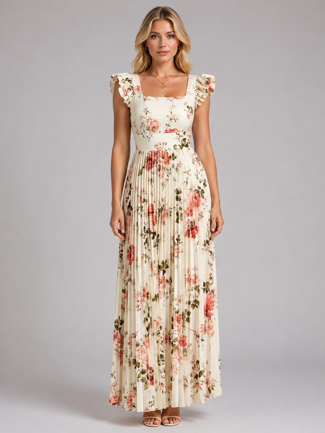 Floral Pleated Maxi Dress for Women – Ruffle Sleeves, Square Neckline, High Waist in Ivory