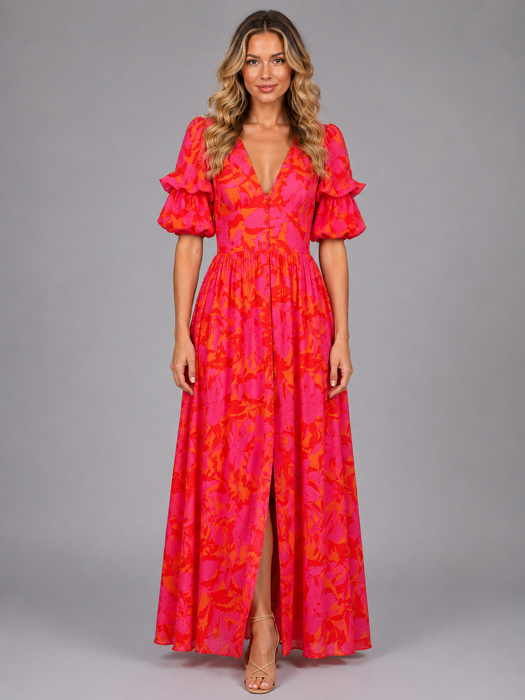 Floral Puff Sleeve Maxi Dress for Women – Deep V-Neck, Bold Print in Rose Red