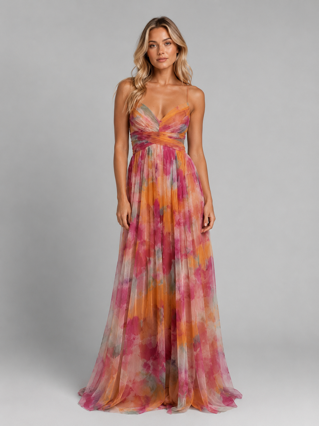 Floral V-Neck Chiffon Maxi Dress for Women – Adjustable Back Fastening, Lined