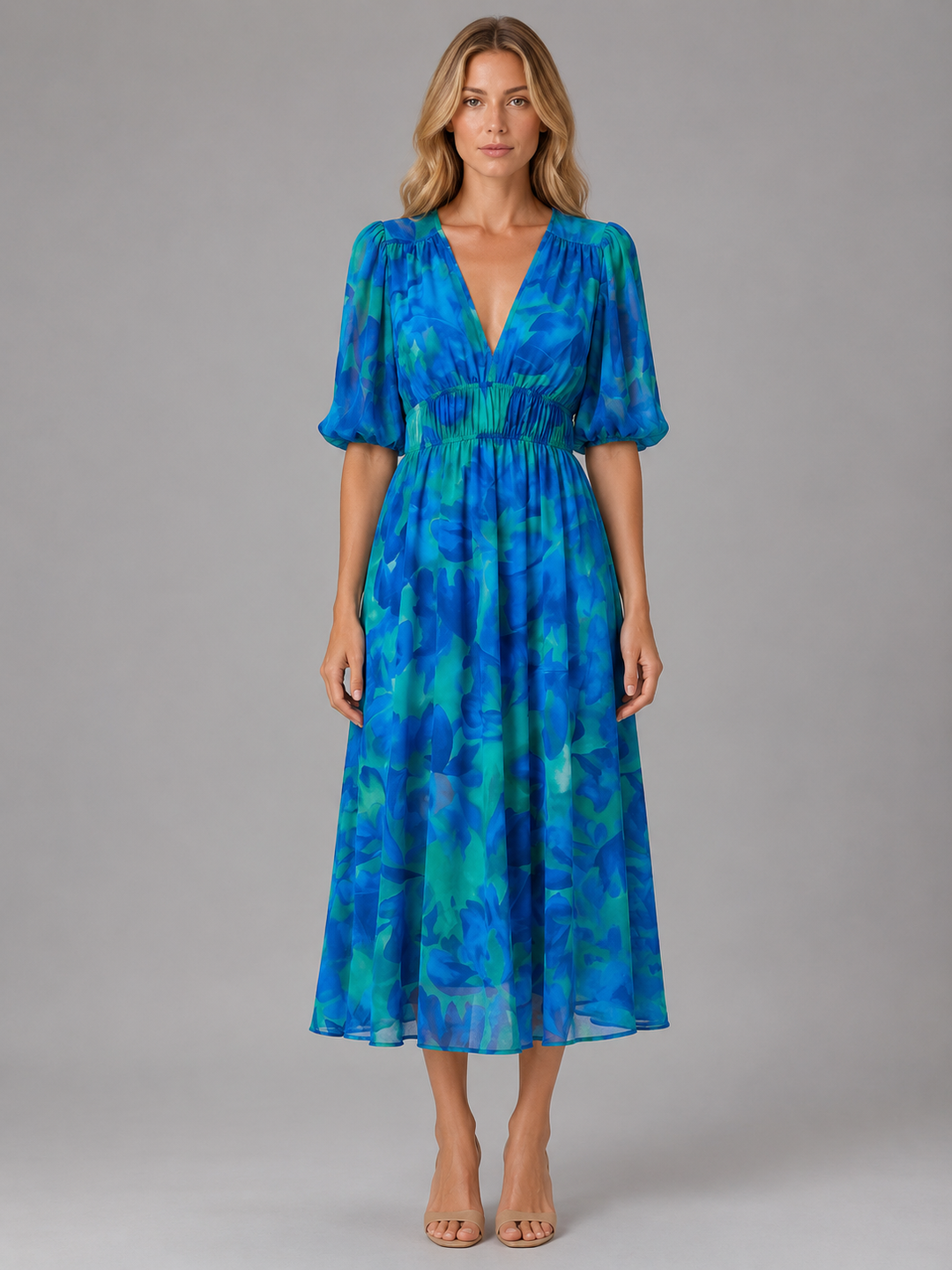 Floral V-Neck Puff Sleeve Midi Dress for Women – Elasticated Waist, Lightweight