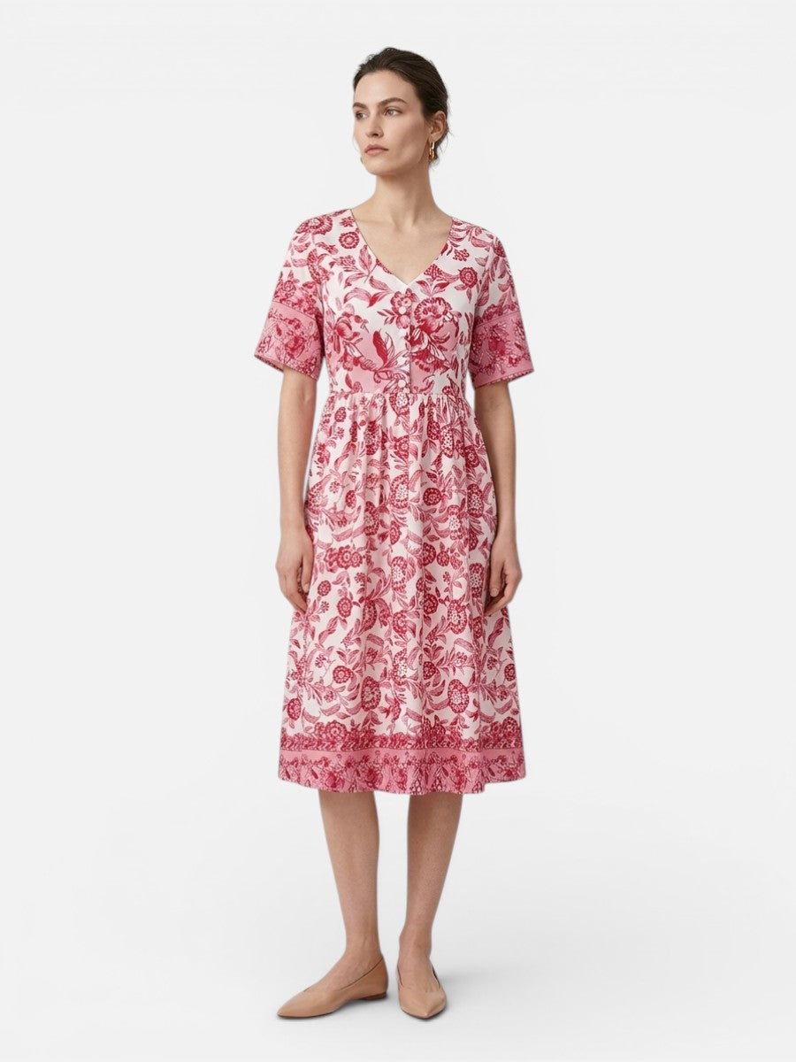 Floral V-Neck Midi Dress for Women – Cotton Blend, Relaxed Fit, Lightweight