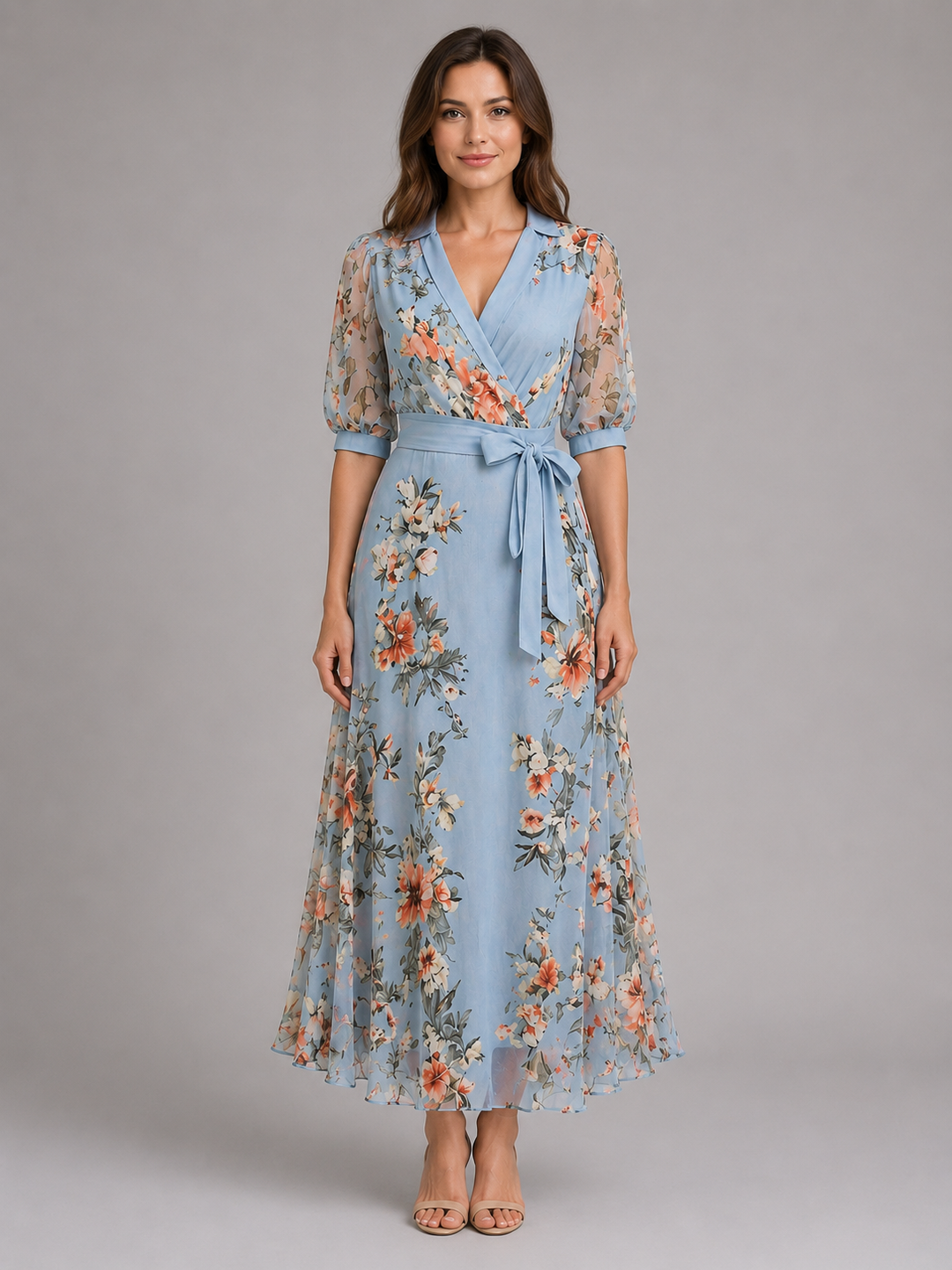 Floral Wrap Maxi Dress for Women – Waist Tie, Flowing Length, Lightweight Fabric in Light Blue