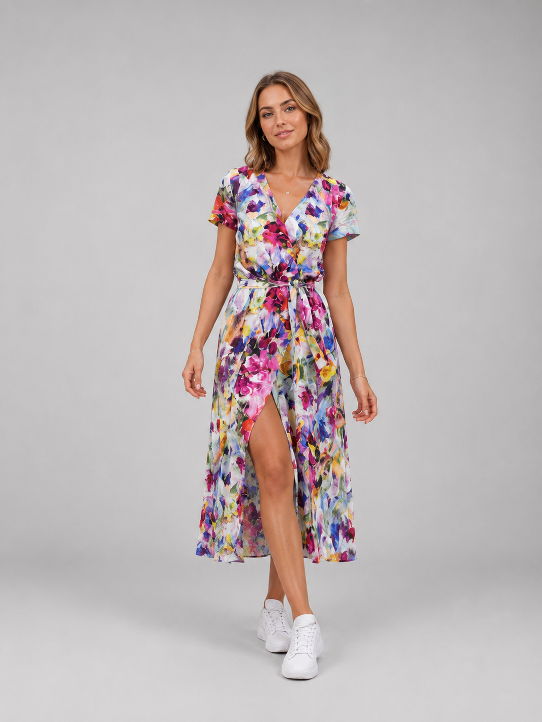 Floral Wrap-Style Midi Dress for Women – V-Neck, Relaxed Fit, Flowing Movement