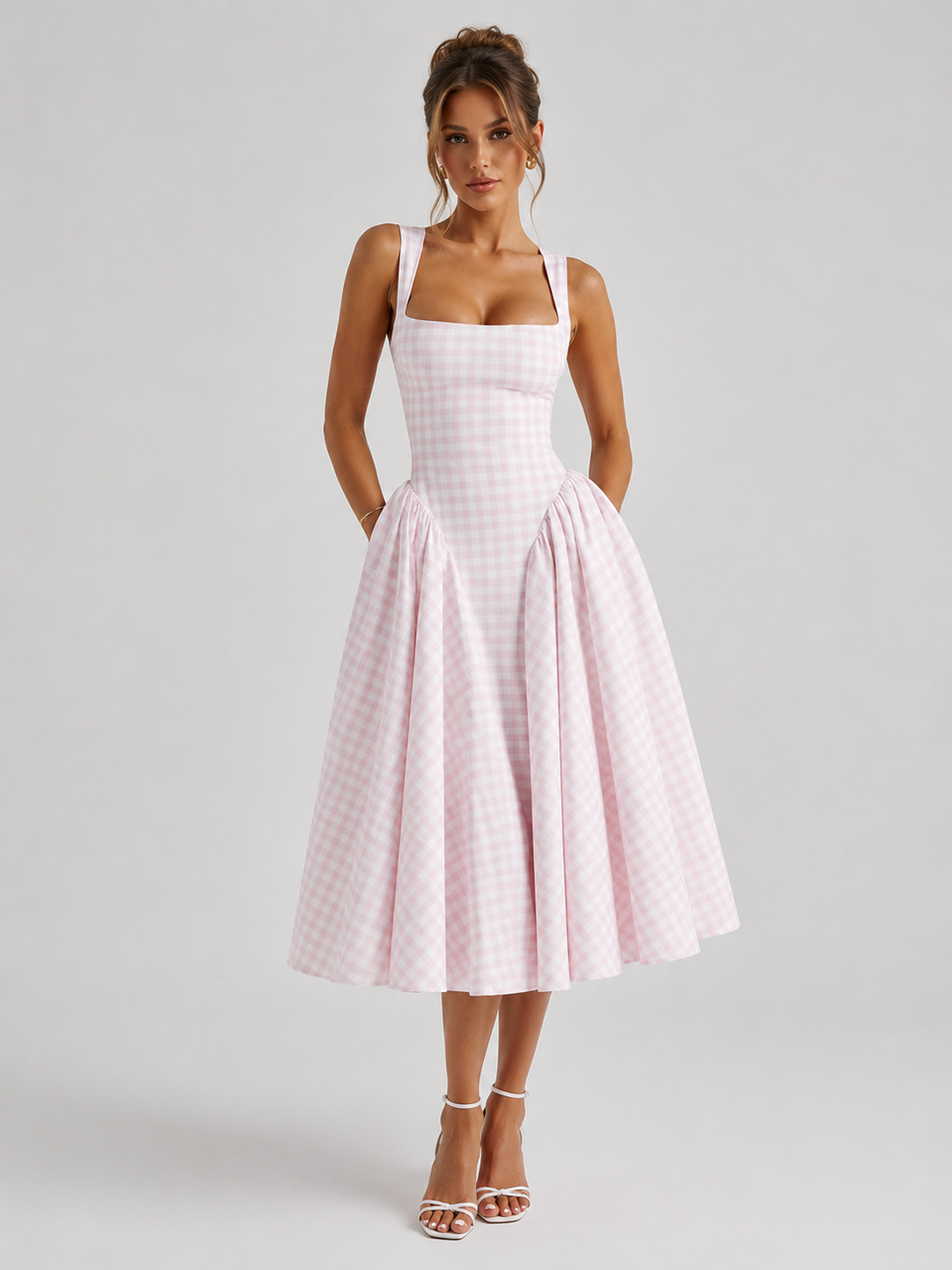Gingham Midi Dress for Women – Fitted Bodice, Full Skirt, Wide Straps