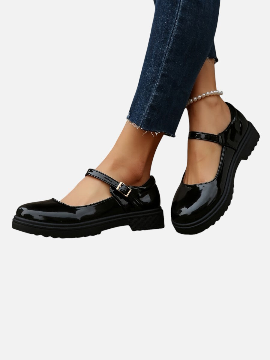 Glossy Faux Leather Mary Jane Loafers for Women – Soft Lining, Durable Outsole in Black