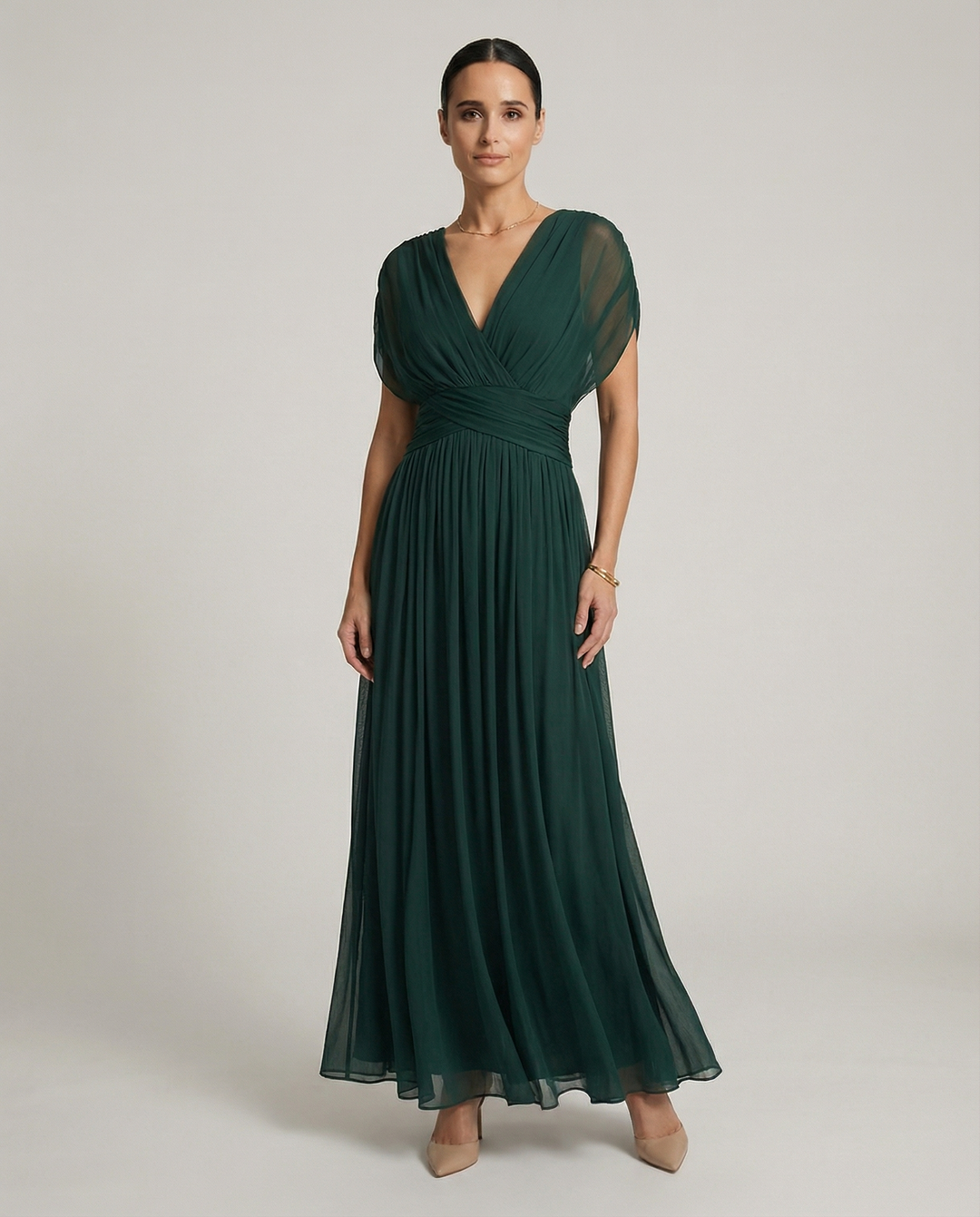 Gradient Pleated Waist Maxi Dress for Women – V-Neck, Lightweight Breathable Fabric