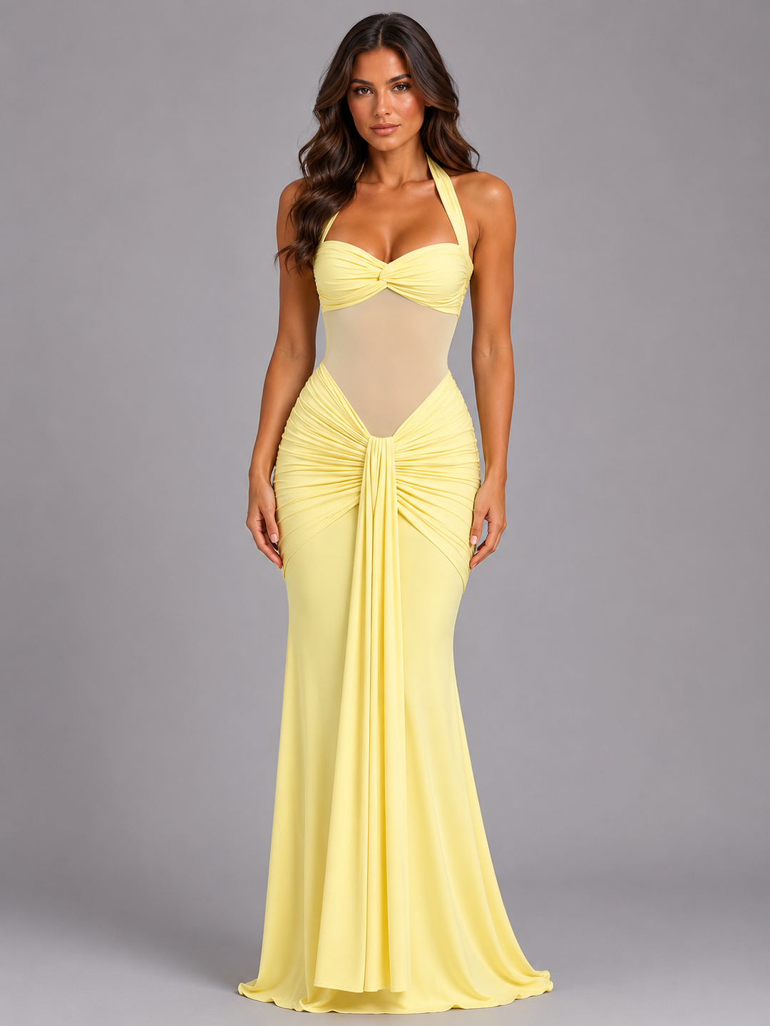 Halter Mesh Panel Maxi Dress for Women – Ruched Bodice, Front Drape, Bodycon Fit