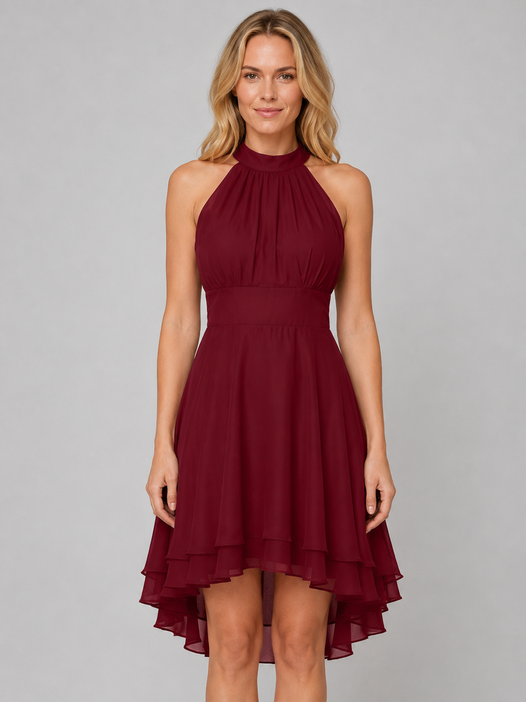 Halter Neck Chiffon-Style Midi Dress for Women – Sleeveless, Layered Hem