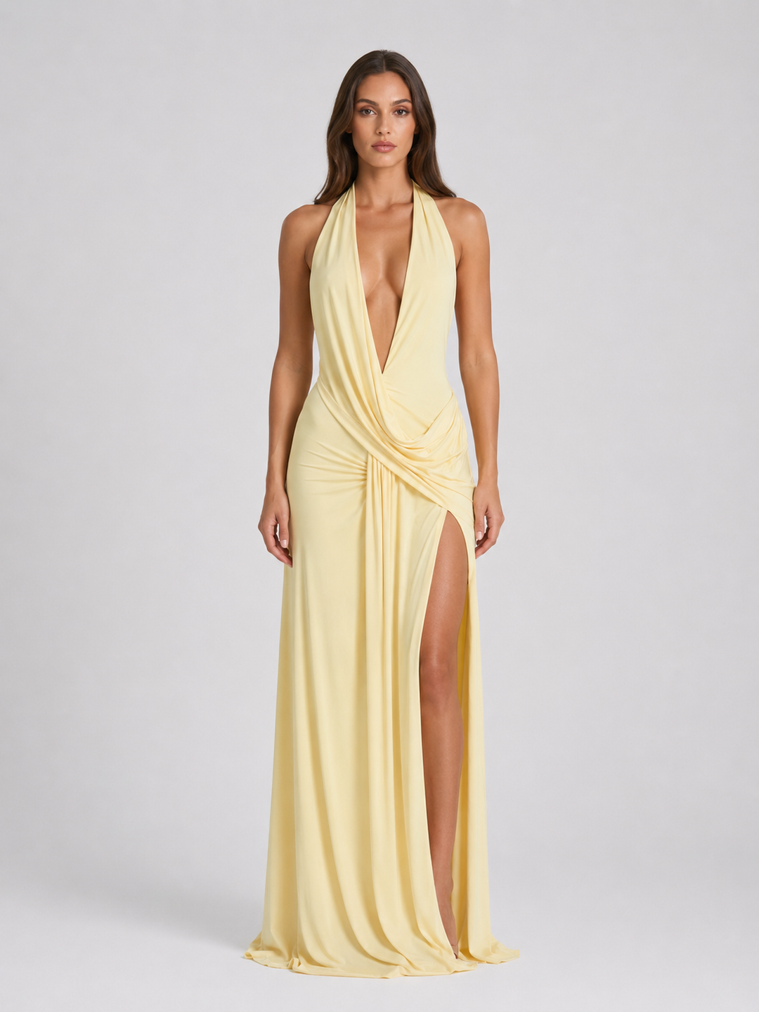 Backless Halterneck Maxi Dress for Women – Plunging V-Neck, High Side Split