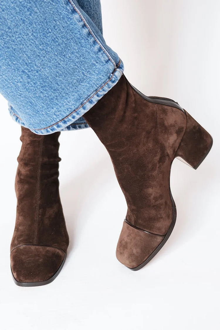 Faux Suede Square Toe Ankle Boots for Women – Stable Block Heel, Side Zip in Brown