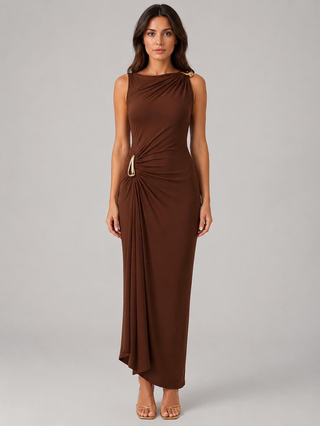 High Neck Ruched Maxi Dress for Women – Sleeveless, Draped Finish in Brown