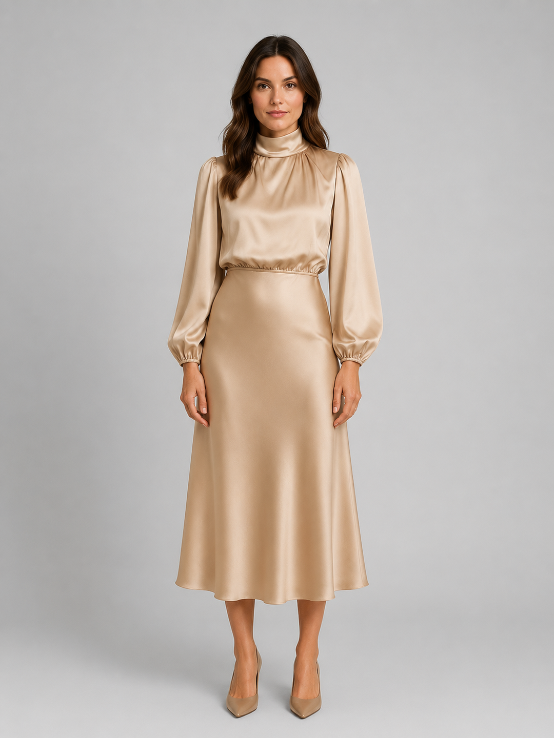 High Neck Satin-Look Midi Dress for Women – Long Sleeves, Gathered Detail, Defined Waist