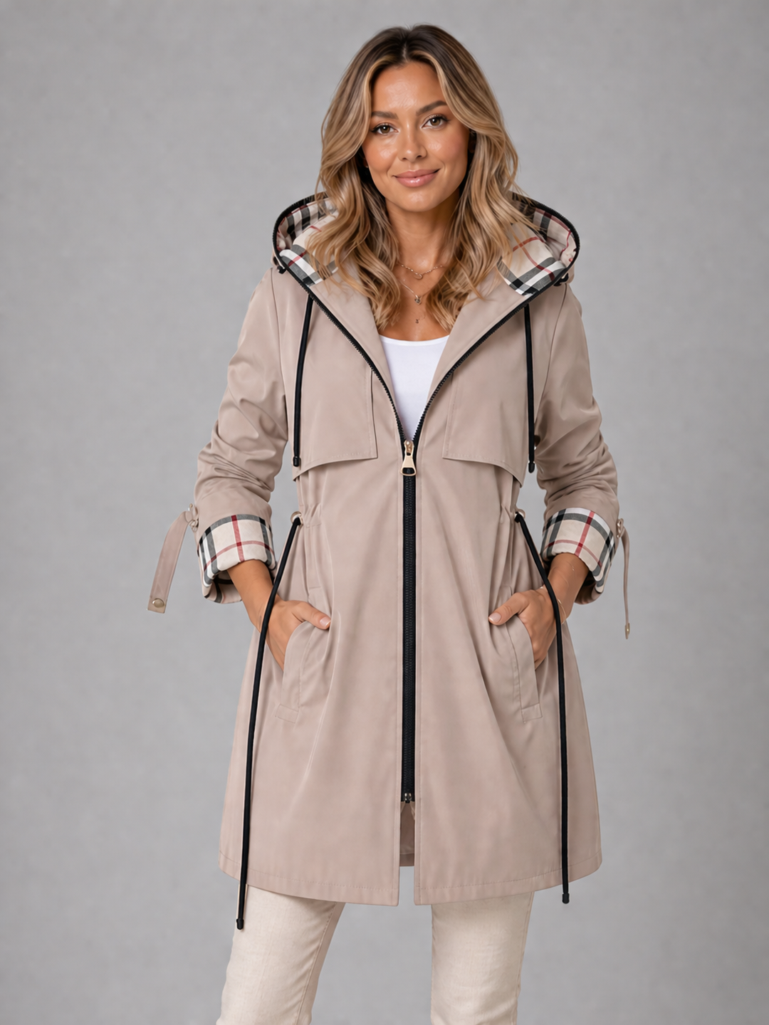 Longline Hooded Zip Jacket for Women – Adjustable Drawstring Waist, Lightweight