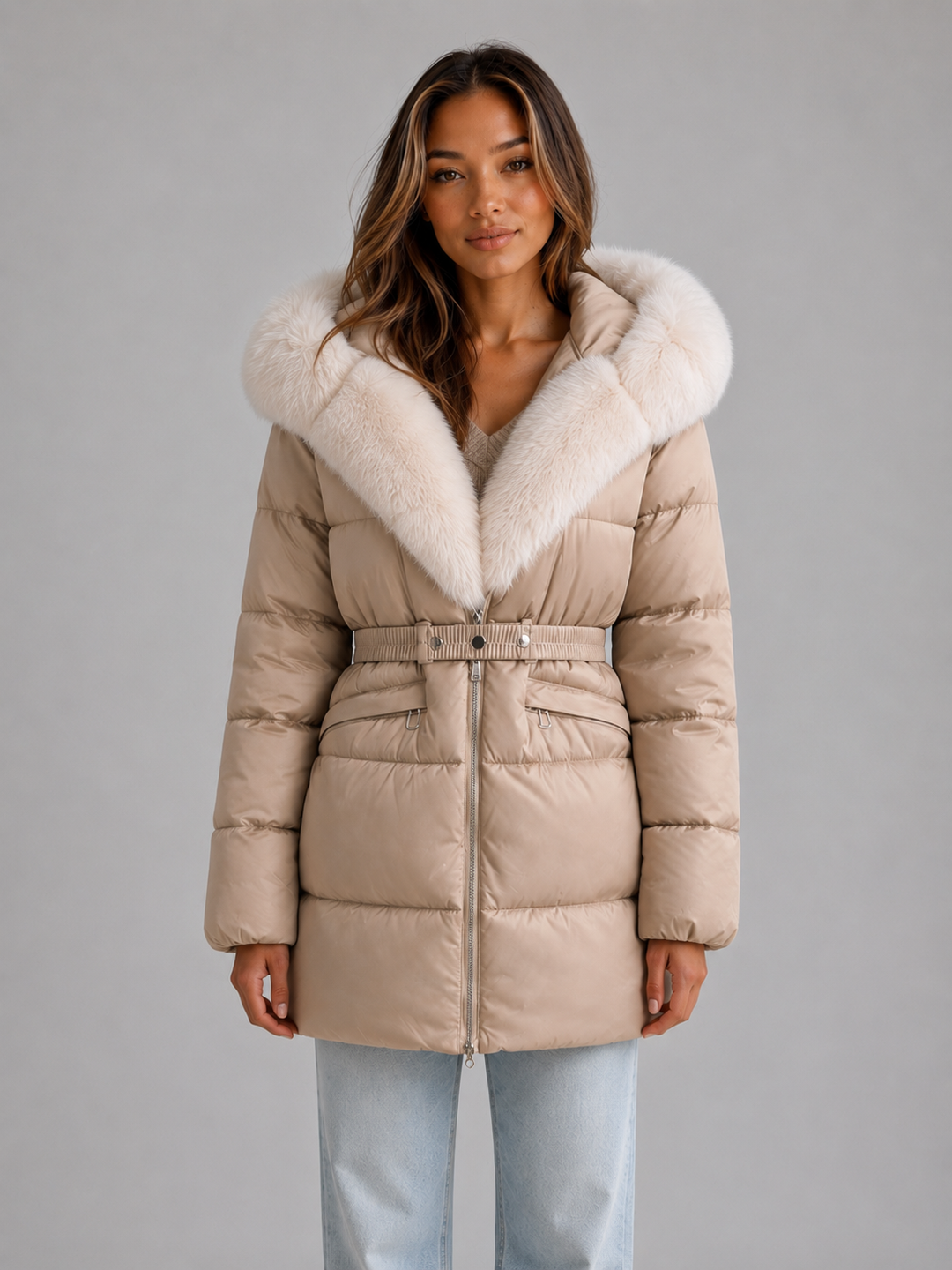 Hip-Length Belted Puffer Jacket for Women – Faux Fur Trim Hood, Zip Pockets