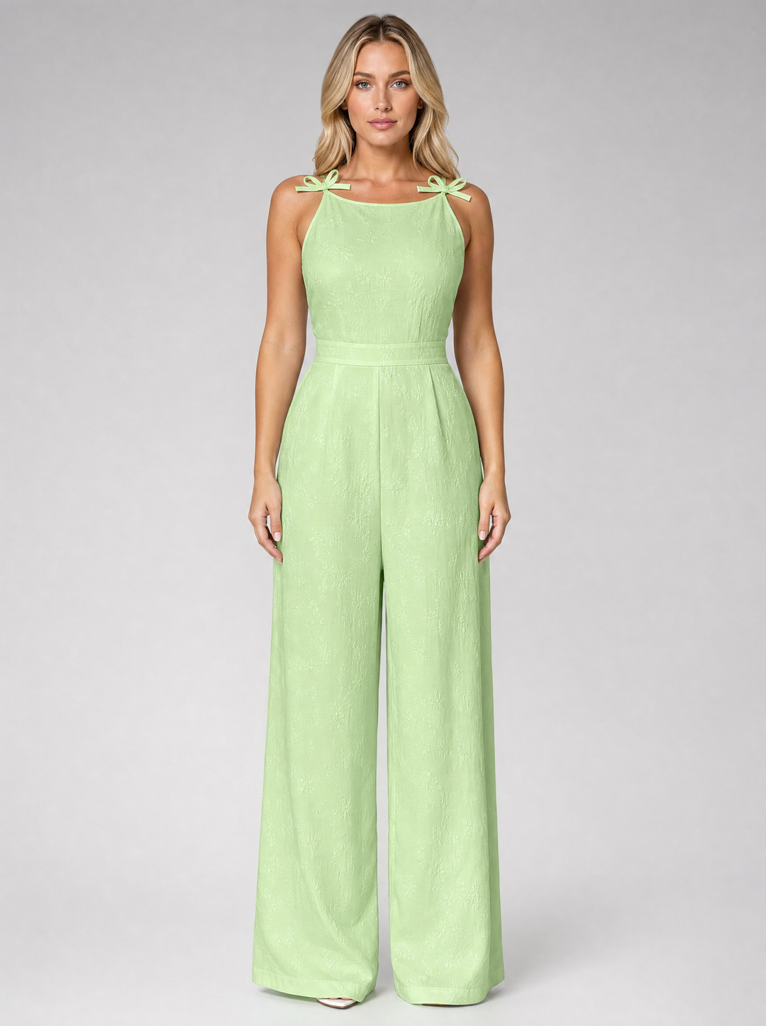 Jacquard Wide-Leg Jumpsuit for Women – Sleeveless, Shoulder Bow Ties, Fitted Waist
