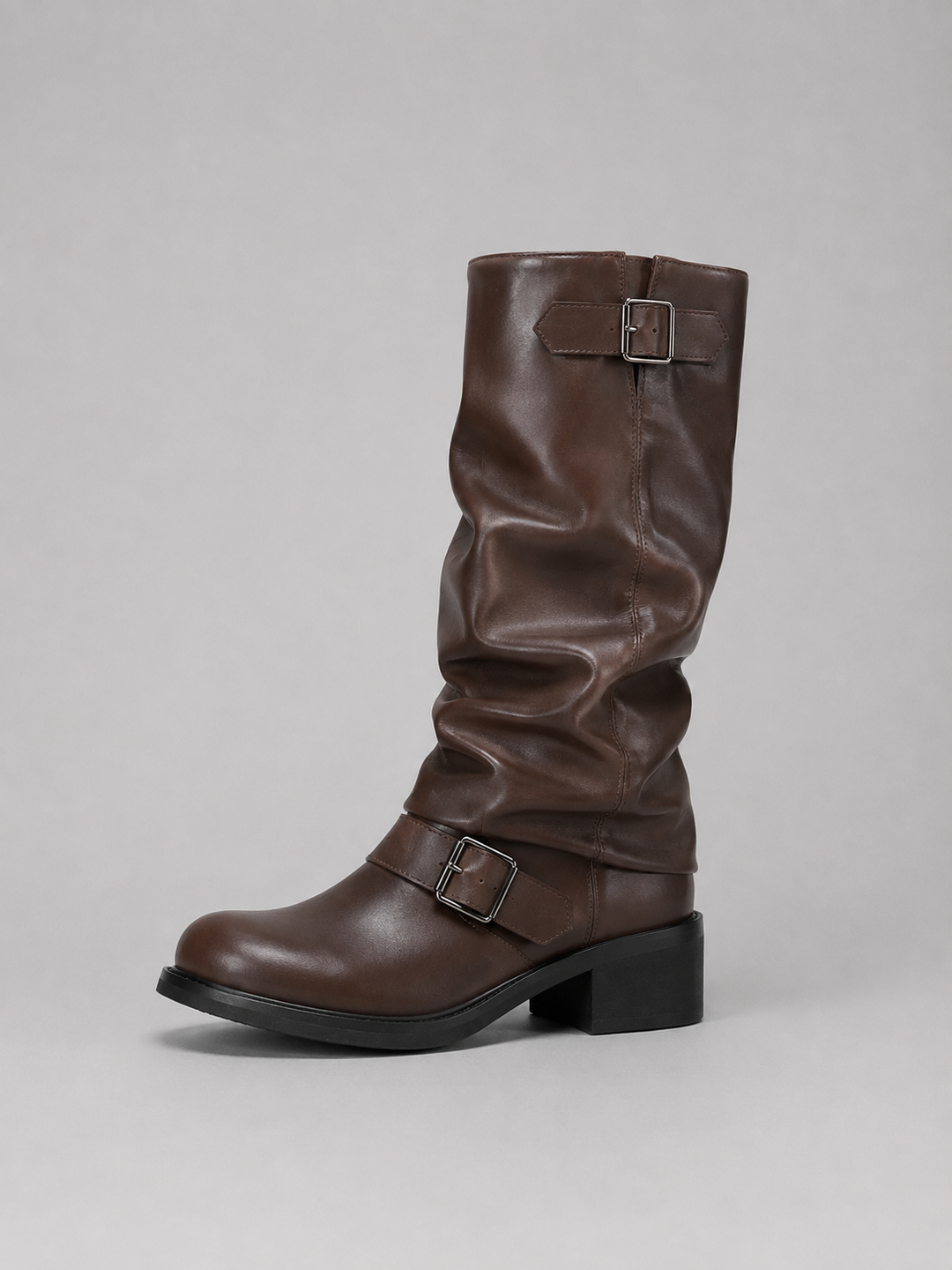 Knee-High Faux Leather Biker Boots for Women – Buckle Straps, Low Block Heel